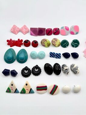 19 Pair Vintage 80s Earring Lot Multicolor Pierced Studs Mixed Lot Colorful Fun